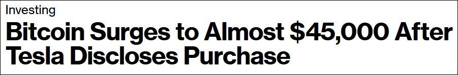 特斯拉投资 15 亿美元致比特币交易价破 4.5 万美元创新高