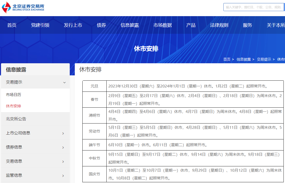 沪深北交易所 2024 年股市休市安排公布，除夕当日休市